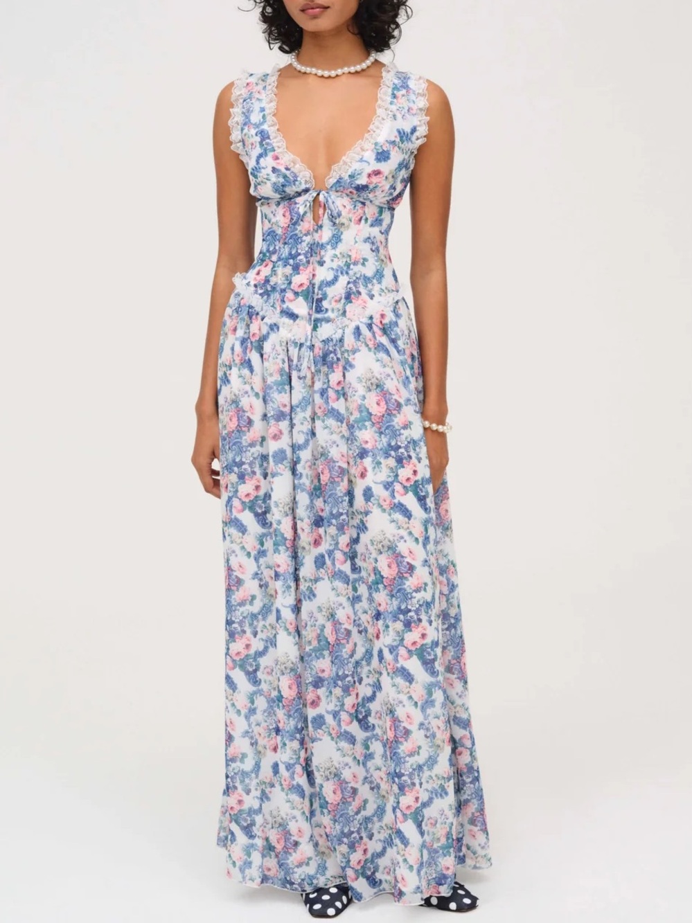 Floral Lace-Trim Maxi Dress in Blue & Pink - Audrey